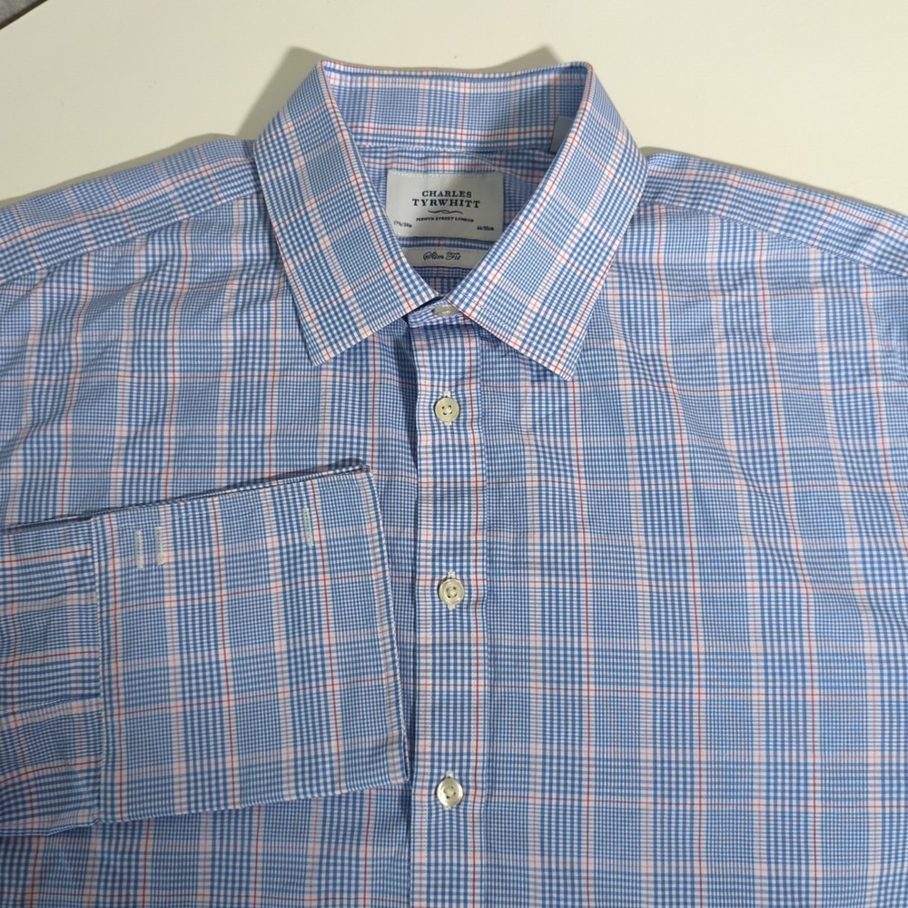 Charles Tyrwhitt Shirt Men's 17.5/34 Slim Fit Plaid Check French Cuff Windowpane